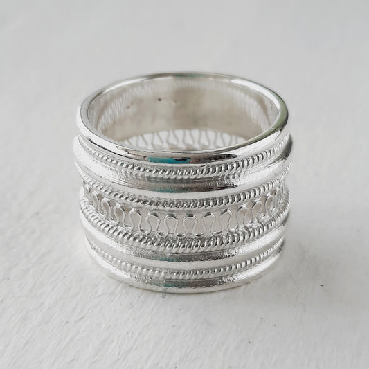 TALLA 8 - Anillo ancho de plata para mujer estilo boho