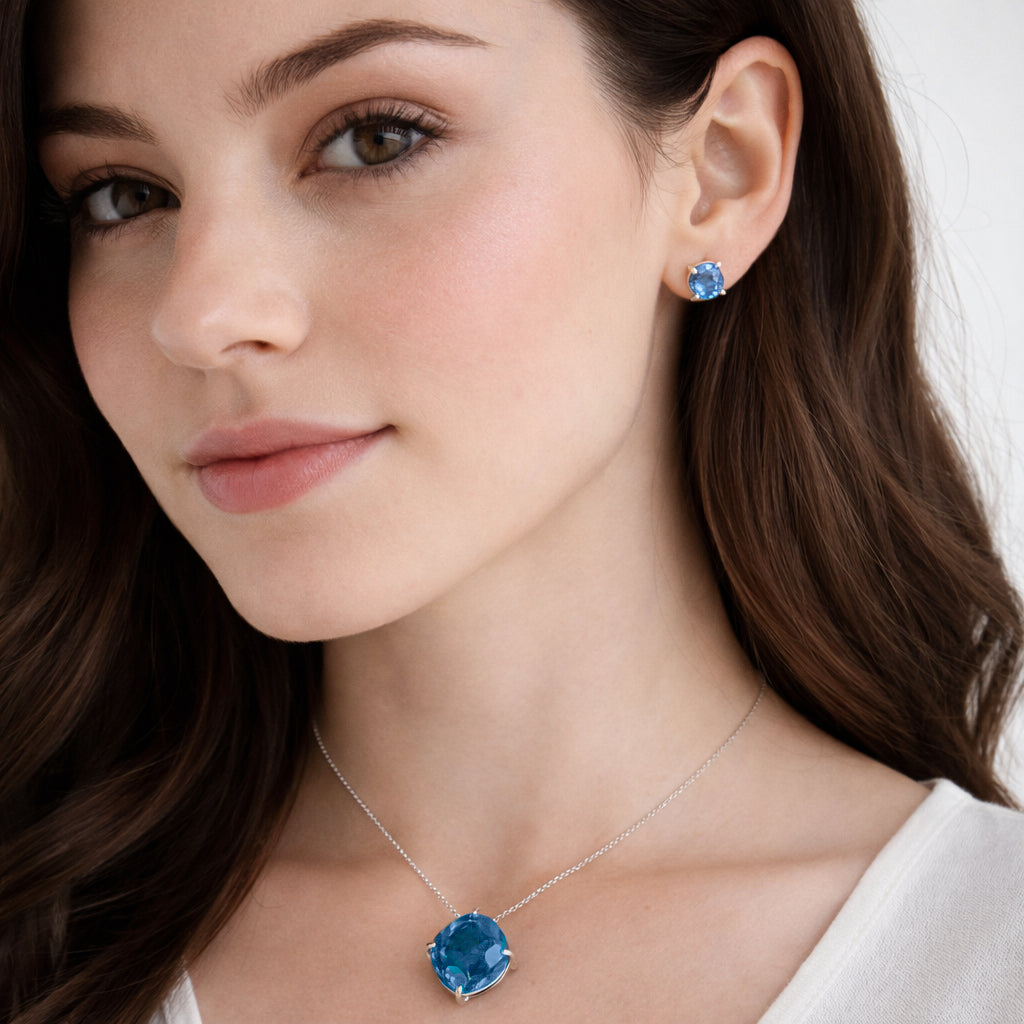 conjunto joyas plata elegante mujer con cristal azul