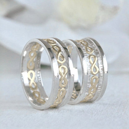 Argollas de matrimonio bicolor con infinitos hechas en oro 18k y plata 950